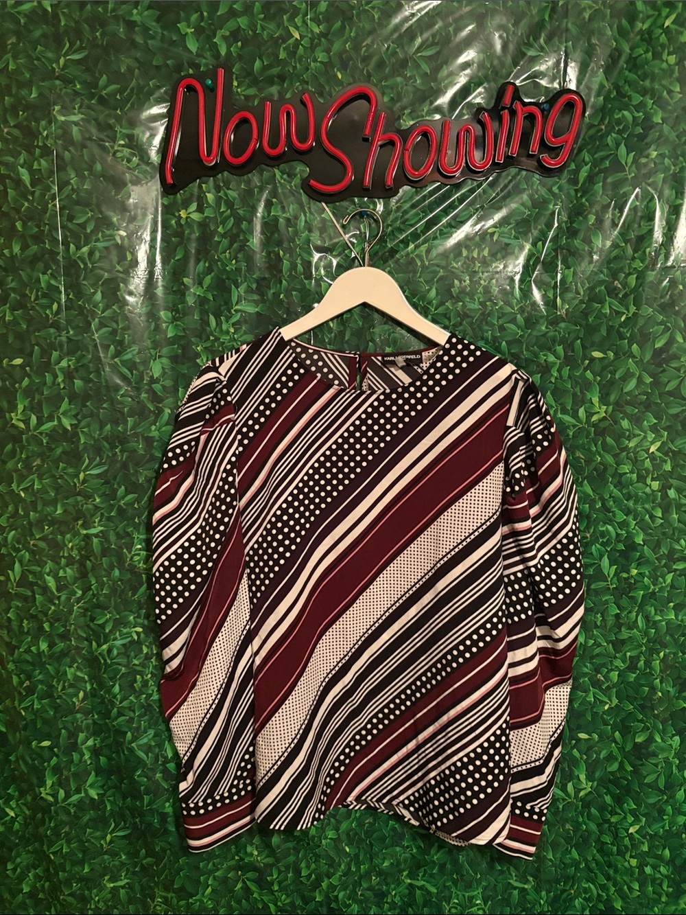 Karl Lagerfeld Burgundy Blouse Small black dot stain on back of blouse